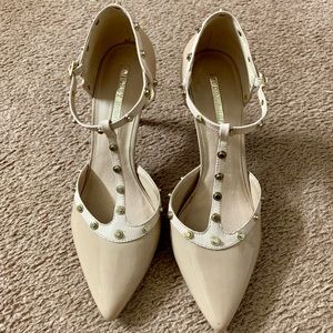 AUDREY BROOKE Rockstud Ankle-Strap Patent Pumps